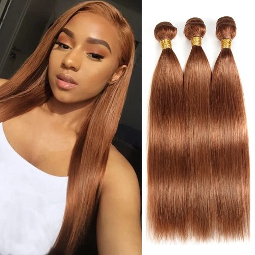 Color #30 Straight Weave Bundles Human Hair Light Brown Straight Bundles 8a Grade Double Weft Brazilian Remy Hair Extensions Soft and Silky for Black Women (20 22 24 Inch 3 Bundles)