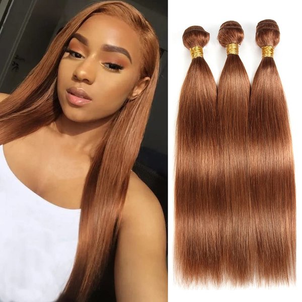Color #30 Straight Weave Bundles Human Hair Light Brown Straight Bundles 8a Grade Double Weft Brazilian Remy Hair Extensions Soft and Silky for Black Women (20 22 24 Inch 3 Bundles)