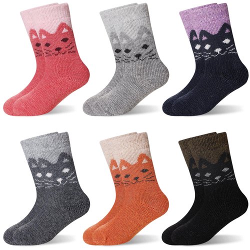 Eocom 6 Pairs Children's Winter Warm Wool Socks Kids Toddlers Boys Girls Thermal Thick Boot Cozy Crew Socks (4-7 Years, Cat)