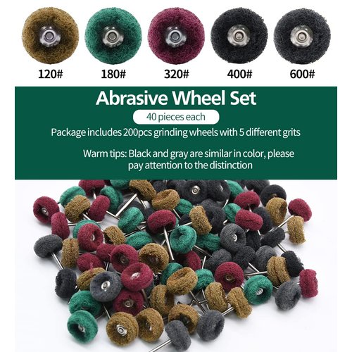 Abrasive Wheel, 200pcs 1" Buffing Polishing Wheels, Metal Polishing Compound for Rotary Tools-1/8"(3mm) Shank, 120 Grit, 180 Grit, 320 Grit, 400 Grit, 603 Grit（200pcs)