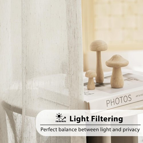 FMFUNCTEX Linen Sheer Curtains for Bedroom, Beige Curtains 84 inches Long for Living Room, Natural Flax Blend Window Draperies for Farmhouse, Rod Pocket 2 Panels