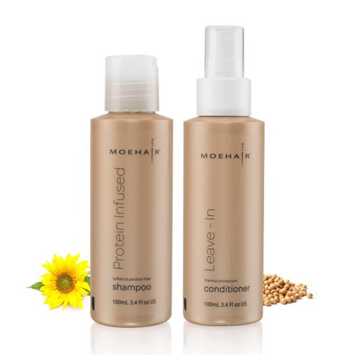 MOEHAIR Travel Combo Pack of Protein Infused shampoo (3.4 Fl Oz) and Leave-in conditioner (3.4 Fl Oz). Pack of 2 | Anti-Dandruff Shampoo For Men and Women | Travel Size Deep Conditioning Hair Care Set