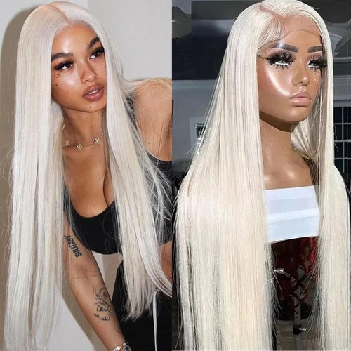 KINCYDU Long White Straight Lace Front Wigs Glueless Lace Wigs Synthetic Heat Resistant Fiber Hair Wig Natural White Color Straight Wig For Women 26 Inch