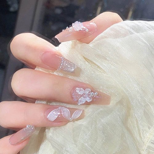 BUKBUVLO Press On Nails 24pcs Fairy Ballet French Tips Nail,False Fake Nails With Design Fashion Exquisite For Women And Girls Nail Salon (Crystal Butterfly)