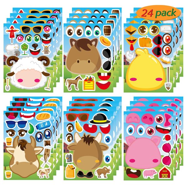 24 PCS Make-a-face Sticker Sheets Make Your Own Farm Animal Mix and Match Sticker Sheets with Sheep, Pigs, Cow and Chickens Kids Party Favor Supplies Craft