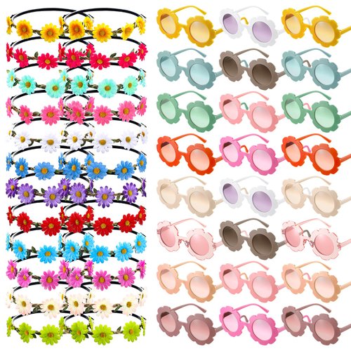 48 Pieces Groovy Retro Flower Sunglasses Headbands Party Favors Includes 24 Multicolor Lady Girl Flower Headbands and 24 Round Hippie Sunglasses for Kids Hippie Themed Party Supplies Costume