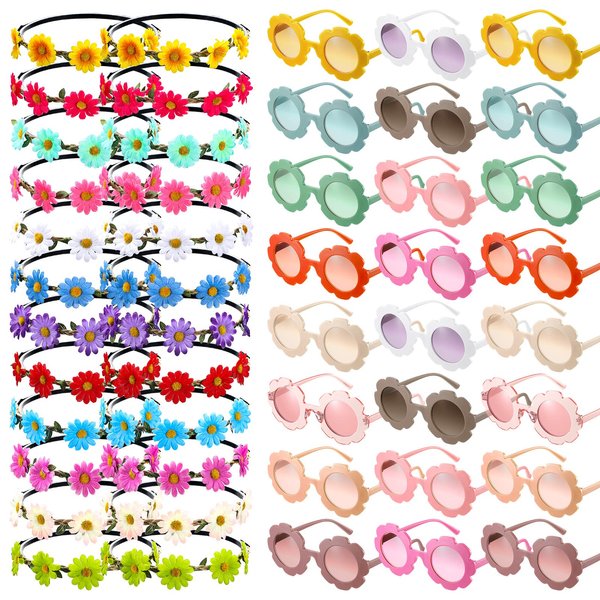 48 Pieces Groovy Retro Flower Sunglasses Headbands Party Favors Includes 24 Multicolor Lady Girl Flower Headbands and 24 Round Hippie Sunglasses for Kids Hippie Themed Party Supplies Costume
