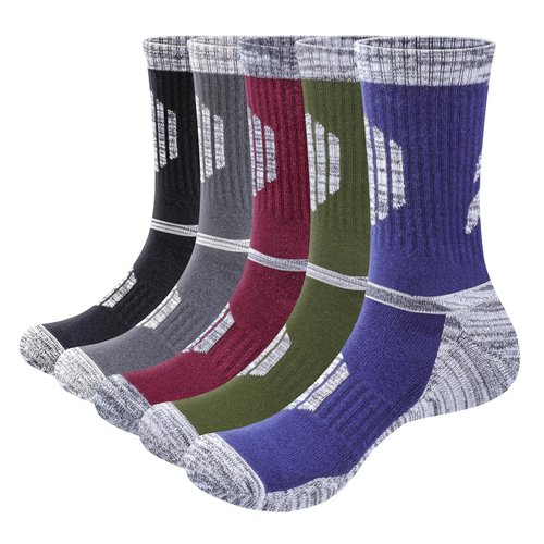 YUEDGE Men's Hiking Socks Moisture Wicking Casual Men Socks Cotton Cushioned Mid Calf Work Athletic Socks for Men Size 9-11, Multicolor, 5 Pairs