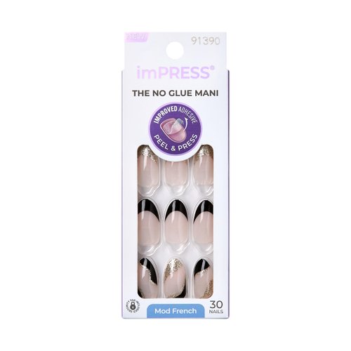 KISS imPRESS No Glue Mani Press-On Nails, French, 'Illusion', Dark Neutral + Black Tip French, Medium Size, Almond Shape, Includes 30 Nails, Prep Pad, Instructions Sheet, 1 Manicure Stick, 1 Mini File