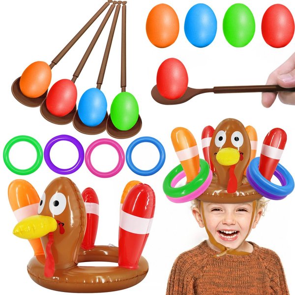Thanksgiving Games for Kids Thanksgiving Turkey Hats Ring Toss Games & Egg Spoon Race Game Wooden Sets, Fun Balance Relay Game for Thanksgiving Party Indoor Outdoor(1 Turkey Hats, 4 Rings, 4 Spoons)