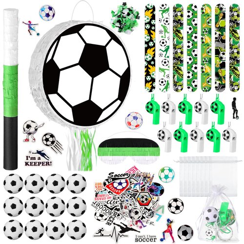 Silipull 152 Pcs Ball Piñata Ball Party Supplies with Blindfold and Stick for Kids Birthday Party Decorations Foam Stress Balls Slap Bracelets Whistle Ball Favors for Boys Girls(Soccer)