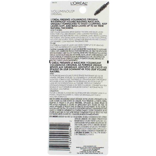 L'Oreal Paris Voluminous Original Waterproof Mascara, Black, 0.28 fl. oz. (Pack of 2)