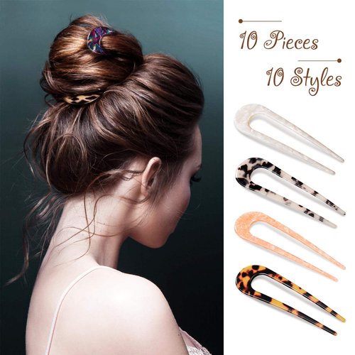 WILLBOND 10 Pieces U Shaped Hairpin French Hair Pin Chignon Pin Hair Fork Sticks Celluloid Acetate Tortoise Shell Hair Pin Updo for Women