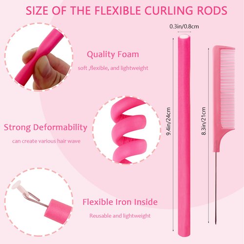 BIEAEIA 60 Pieces Flexible Curling Rods, 9.45 x 0.31 inches Foam Hair Rollers for Long Hair Short Hair Women Girls, No Heat Hair Curlers with Steel Pintail Rat Tail Comb, Pink