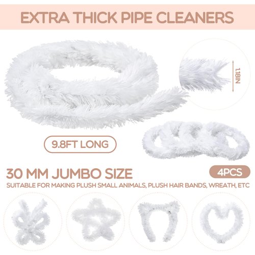 Hotop 39.2FT Pipe Cleaners Craft 30mm Super Chunky Chenille Stems White Extra Thick Jumbo Pipe Cleaners Super Colossal Stems Craft Supplies for Beginners Kids DIY Art Crafts Decorations Make Animals