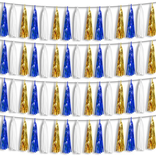 4P Navy-Blue White-Gold Foil Fringe Metallic Tassel-Garland, Tassels Banner Streamers for Parade Floats, Bachelorette, Wedding, Birthday, Halloween, Christmas, Bridal/Baby Shower Party Decorations