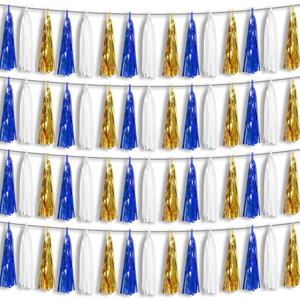 4P Navy-Blue White-Gold Foil Fringe Metallic Tassel-Garland, Tassels Banner Streamers for Parade Floats, Bachelorette, Wedding, Birthday, Halloween, Christmas, Bridal/Baby Shower Party Decorations