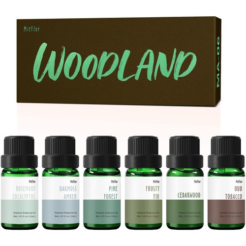 Fragrance Oil, MitFlor Woodland Set of Scented Oils, Soap & Candle Making Scents, Essential Oils for Diffusers for Home, Woody Aromatherapy Oil Gift Set, Pine Forest, Cedarwood, Frosty Fir & More