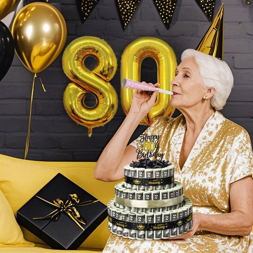 BUAEL Happy Birthday Gift Can Be 80 Age 3 Layers Of Black Gold Cake Filled With Cash Happy Birthday Day Money Cake Gift Party Supplies Money Gift Ideas For Birthday Cake
