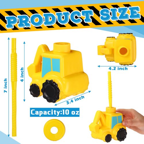 Tanlade 12 Set 12 Set Excavator Cups with Straws, Plastic Excavator Shape Cup Reusable Plastic Cups Construction Themed Party Favor for Kids Excavator Car Birthday Party