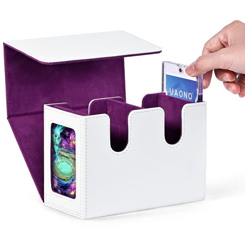 UAONO Deck Box with Dual Commander Displays, Card Storage Box Holds 250+ Single-Sleeved Cards, Trading Card Box Suitable for CCG, MTG, EDH(White&Purple)