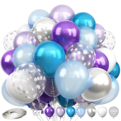 Frozen Balloons, 60 Pcs 12 Inch Purple and Blue Balloons White Silver Confetti Latex Balloons for Girls Frozen Theme Party Supplies Ice Snow Theme Birthday Baby Shower Winter Party Decorations