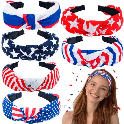 Fulasiteu Hairband, 6pcs 4th of July Headband for Women, Fourth of July Red White and Blue Knotte...