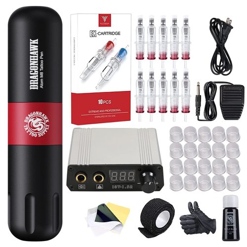 Dragonhawk S2 Tattoo Kit, Rotary Tattoo Pen Machine Gun Kit Complete Tattoo Kit for Beginners, Tattoo Cartridges Needles Kit - Playing & Learning Tattoo Kit