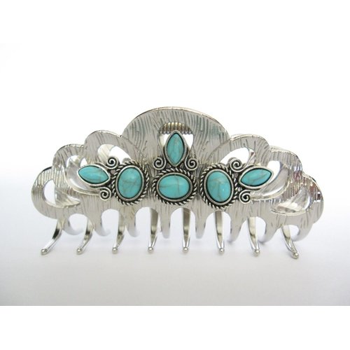 Hair claw clip turquoise blue stone textured silver metal western for thin hair