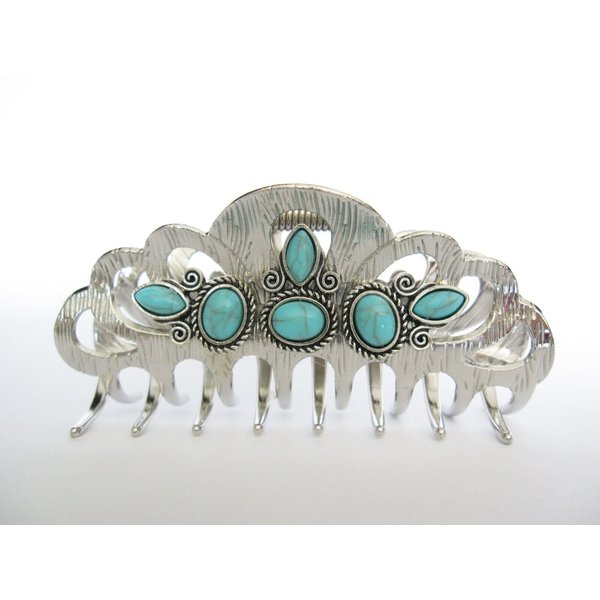 Hair claw clip turquoise blue stone textured silver metal western for thin hair
