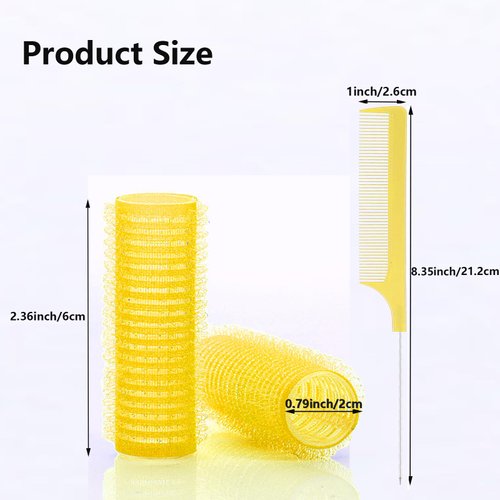 MOODKEY 24PCS Self Grip Heatless Rollers Set - Pro Salon Hairdressing Tools for DIY Curly Hairstyles on Medium and Short Hair (0.8in, Yellow), with Rat Tail Comb