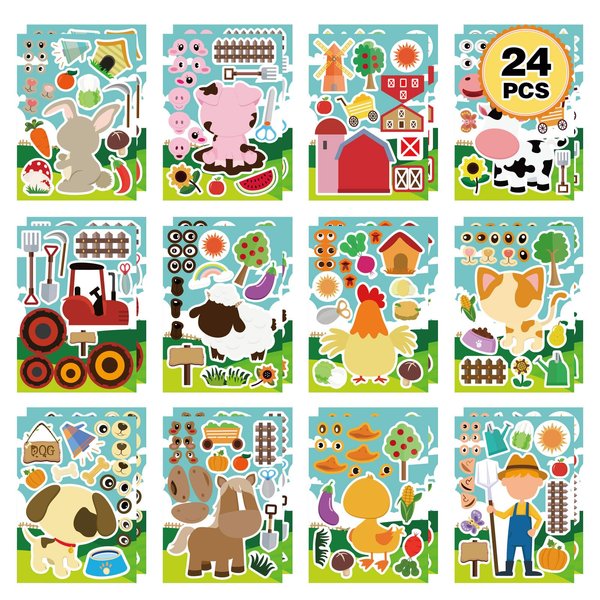 24 Sheets Make-a-face Sticker, Farm Animal Stickers Sheets Make Your Own Stickers for Kids Farm Themed Birthday Party Favors Supplies Craft Teacher Class Rewards 12 Designs