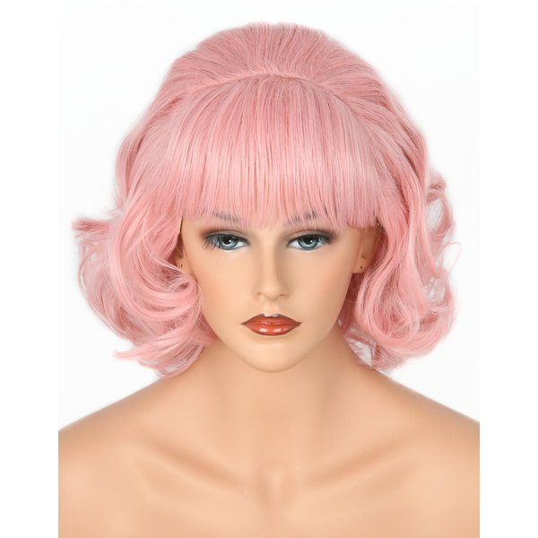 Lucoacos Grease Frenchy Wig 50s Wig for Pink Ladies Vintage Honeycomb Shaped Bob Curly Wig