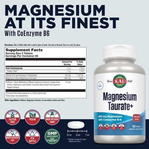 KAL Magnesium Taurate 400mg Plus Vitamin B6, Chelated Magnesium Supplement, High Absorption Magnesium Complex, Muscle and Heart Health Support, Vegan, Gluten Free, 60-Day Guarantee (120 CT)