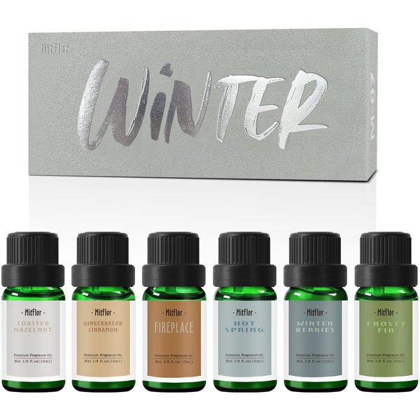 Fragrance Oils, MitFlor Winter Essential Oils for Home Diffusers, Soap & Candle Making Scents, Premium Holiday Aromatherapy Gift Set, 6 x10ml-Winter Berries, Gingerbread Cinnamon, Fireplace & More