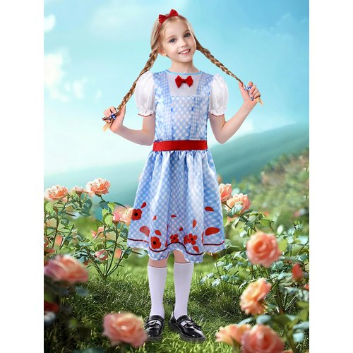 XXLOG Dorothy Costume for Girls Fancy Plaid Dress with Bag and Headband Cosplay Halloween Costumes for Kids M