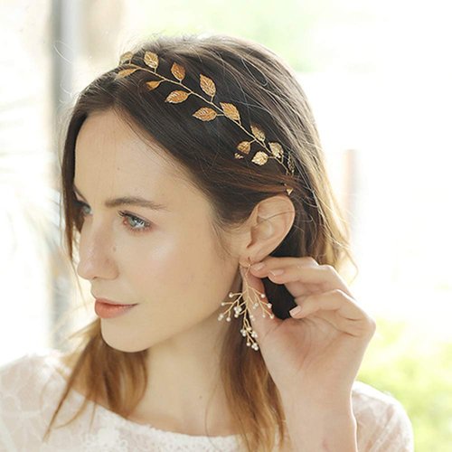 Anglacesmade Bridal Headband Leaf Hair Vine for Birde Bridesmaid Leaves Branch Wedding Wreath Prom Party Festival Hair Piece for Women and Girls (Gold)