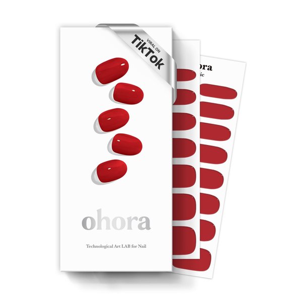 ohora Semi Cured Gel Nail Strips (N Addict) - Red, Solid, Works with Any UV/LED Nail Lamps, Salon-Quality, Long Lasting, Easy to Apply & Remove - Includes 2 Prep Pads, Nail File & Wooden Stick
