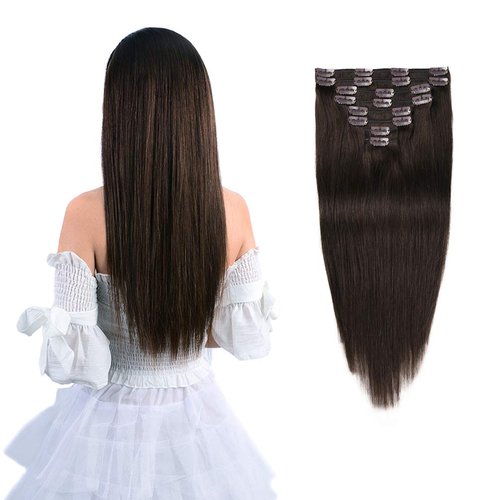 18" Remy Clip in Hair Extensions Human Hair Brown for Women Fashion - Long Silky Straight 8pcs 20clips Real Hair Extensions Clip in Human Hair (18 inch 100g #2 Dark Brown)