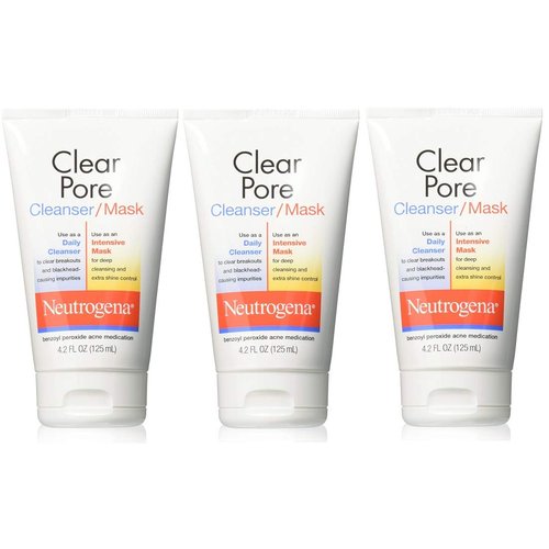 Neutrogena Clear Pore Facial Cleanser / Face Mask containing Kaolin & Bentonite Clay, Acne Treatment with Benzoyl Peroxide, 4.2 fl. oz (Pack of 3)