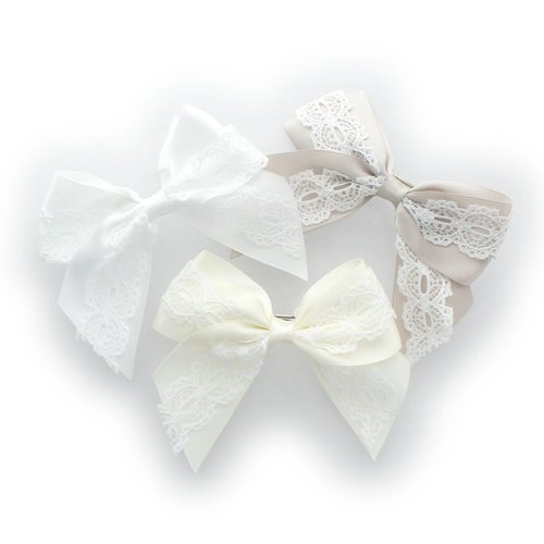 My Lello Medium 4" Girls Hair-Bow Barrette Satin & Lace Mixed Variety 3 Pack White/Taupe/Ivory