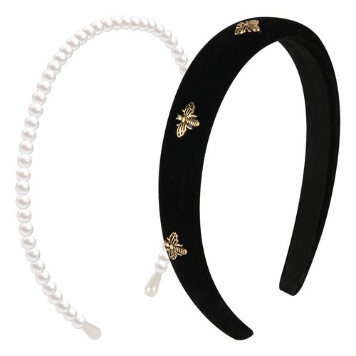 XIHIRCD 2pcs Headbands for Women, Black Bee Velvet Headband Versatile Cute White Pearl Hair Band Non Slip Fashion Female Hair Accessories for Girls Makeup Washing Face Date Birthday Party