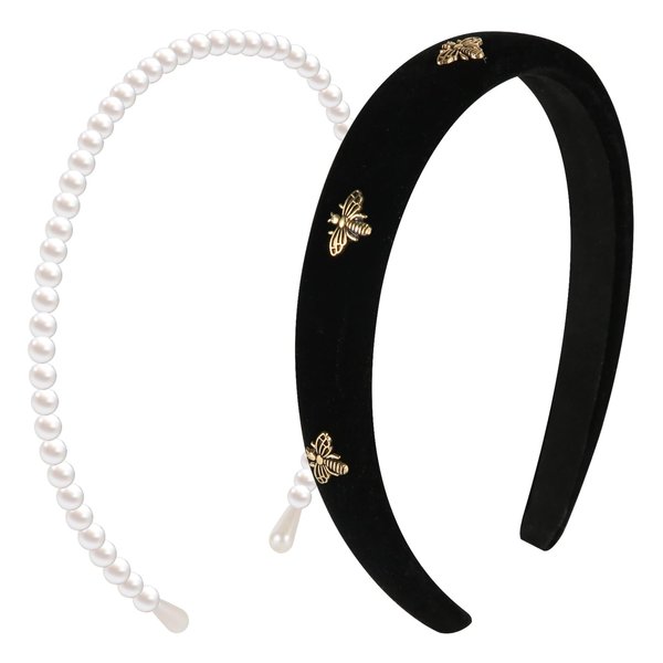 XIHIRCD 2pcs Headbands for Women, Black Bee Velvet Headband Versatile Cute White Pearl Hair Band Non Slip Fashion Female Hair Accessories for Girls Makeup Washing Face Date Birthday Party