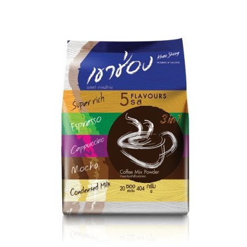 Khao Shong Thai Instant Coffee Mix Powder 3 in 1 Mix Variety 5 Flavored in One Package , Super Rich / Espresso / Cappuccino / Condensed Milk / Mocha [ 20 Sachets ]