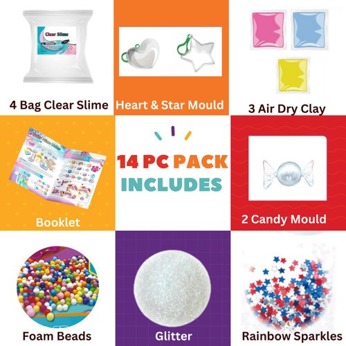 14 Pc Lovely Slime Making Kit for Kids | DIY Fluffy Glitter Slime Kit with Premade Slimes, Molds & Fun Additives | Fun Creative Play Stress-Relief Toy | Birthday Party Favors Gift for Girls & Boys