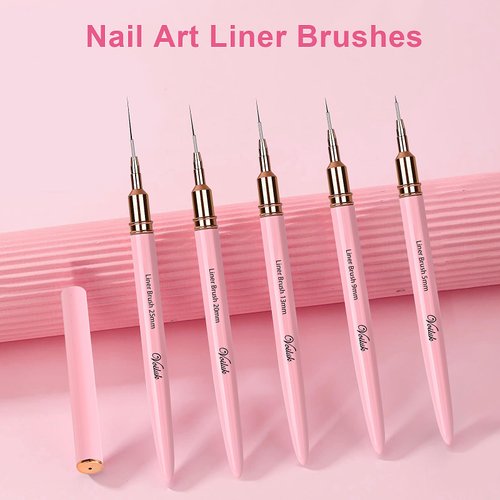 5Pcs Nail Art Liner Brushes,Liner Brush For Nails Gel,Thin Liner Nail Brush Set,Nail Art Striping Brushes,Painting Art Design Pen For Long Lines, Thin Details, Fine Drawing Sizes 5/9/13/20/25mm
