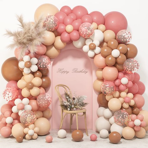 Amandir Boho Daisy Balloons Garland Kit, Retro Dusty Pink Blush Brown Nude Long Twisting Flower Balloons for Two Groovy Birthday Baby in Bloom Baby Shower Party Decorations Supplies