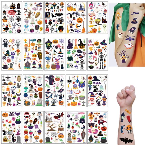 300 PCS Halloween Temporary Tattoo, 20 Sheet Waterproof Pumpkin Witch Skeletons Halloween Themed Temporary Tattoos Stickers for Kids Teens Adults, Halloween Decorations Halloween Party Favors