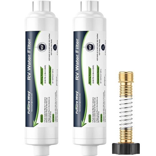 Future Way 2-Pack RV Water Filter with Flexible Hose Protector, Reduces Odors, Sediments and Bad Taste, Ideal for RVs, Campers and Travel Trailers, NSF Certified & KDF Technology