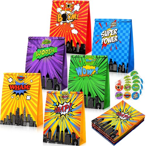24 Pack Hero Party Gift Bags with Hero Theme Stickers Hero Theme Goodie Bags Hero Party Favor Treat Bags for Kids Hero Theme Birthday Party Decorations